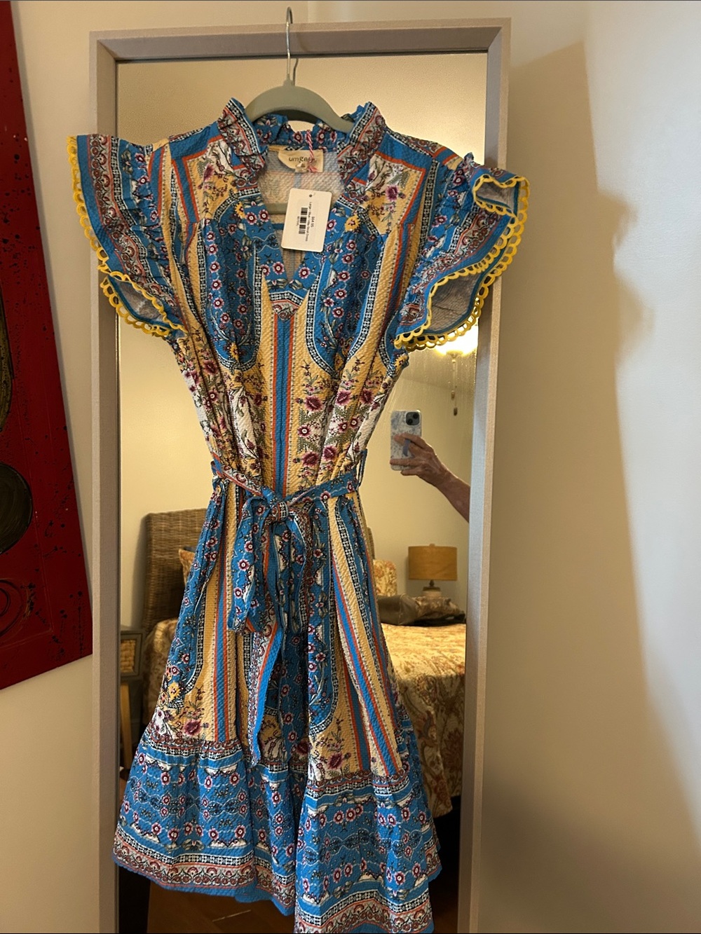 Blue & Yellow Floral Printed Tie-Waist Dress